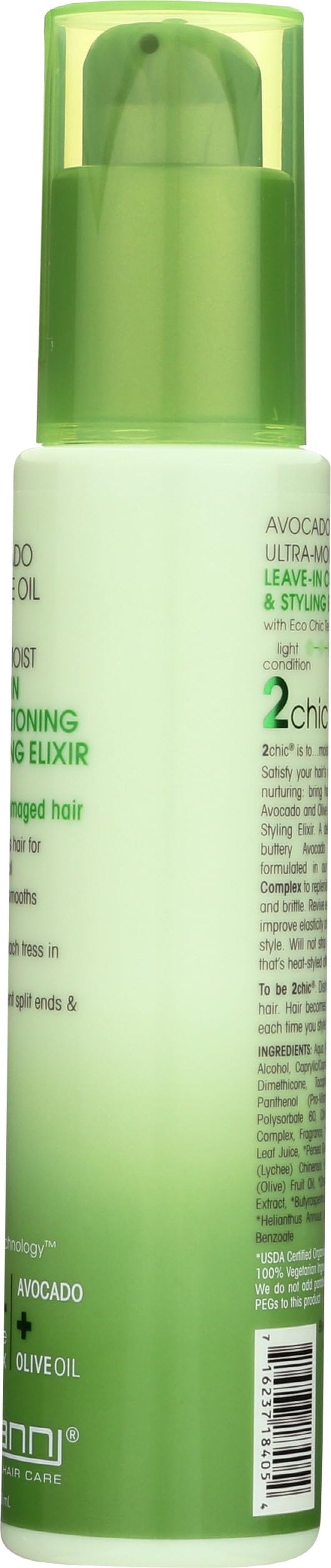 GIOVANNI 2chic Ultra-Moist Leave-In Conditioning Styling Elixir - Smoothes Frizz Prevents Breakage, For Dry & Damaged Hair, Avocado & Olive Oil, Enriched with Aloe Vera, Shea Butter - 4 fl oz