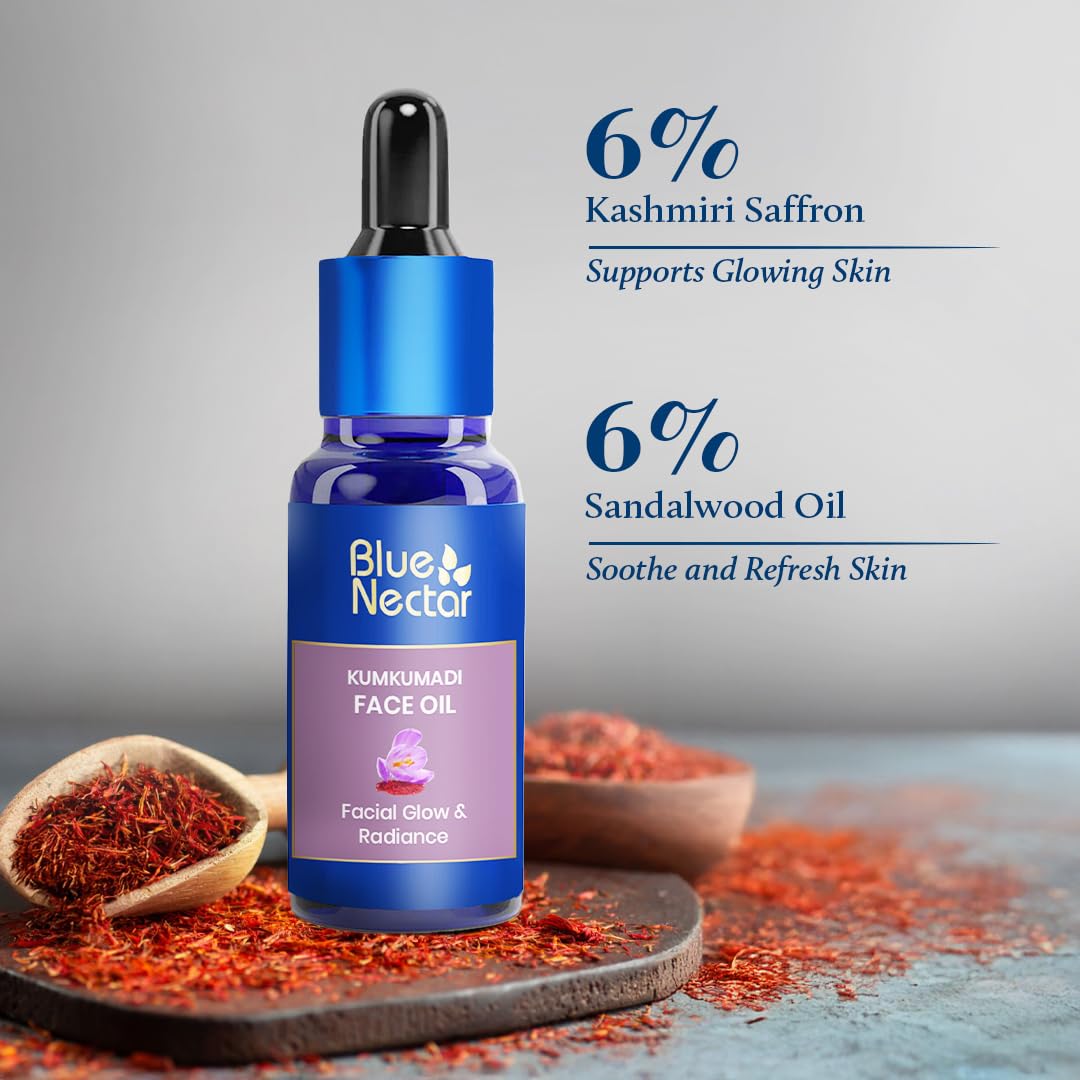 Blue Nectar Kumkumadi Oil for Face | Ayurvedic Anti Aging Serum for Appearance & Radiance | Saffron & Sandalwood Kumkumadi Tailam Face Oil for Glowing Skin for Women & Men (26 Herbs, 0.33 Fl Oz)