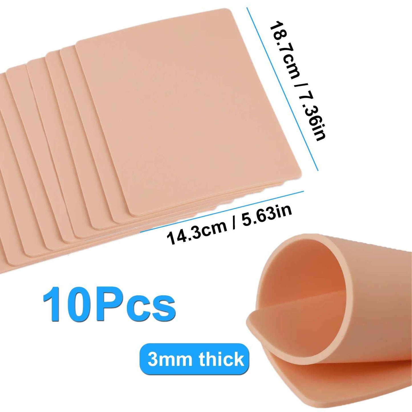 MIUXIA 10pcs 3mm Tattoo Fake Skin 7.4x5.6" 3mm Tattoo Practice Skin Soft Silicone Thick for Beginer and Artists Supplies