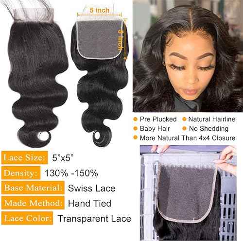 QTHAIR 16A 5x5 Body Wave HD Closure Human Hair Transparent Lace Closure 14inch Top Swiss Lace Closure Brazilian Virgin Hair Body Wave 150% Density Pre Plucked Natural Hairline Baby Hair