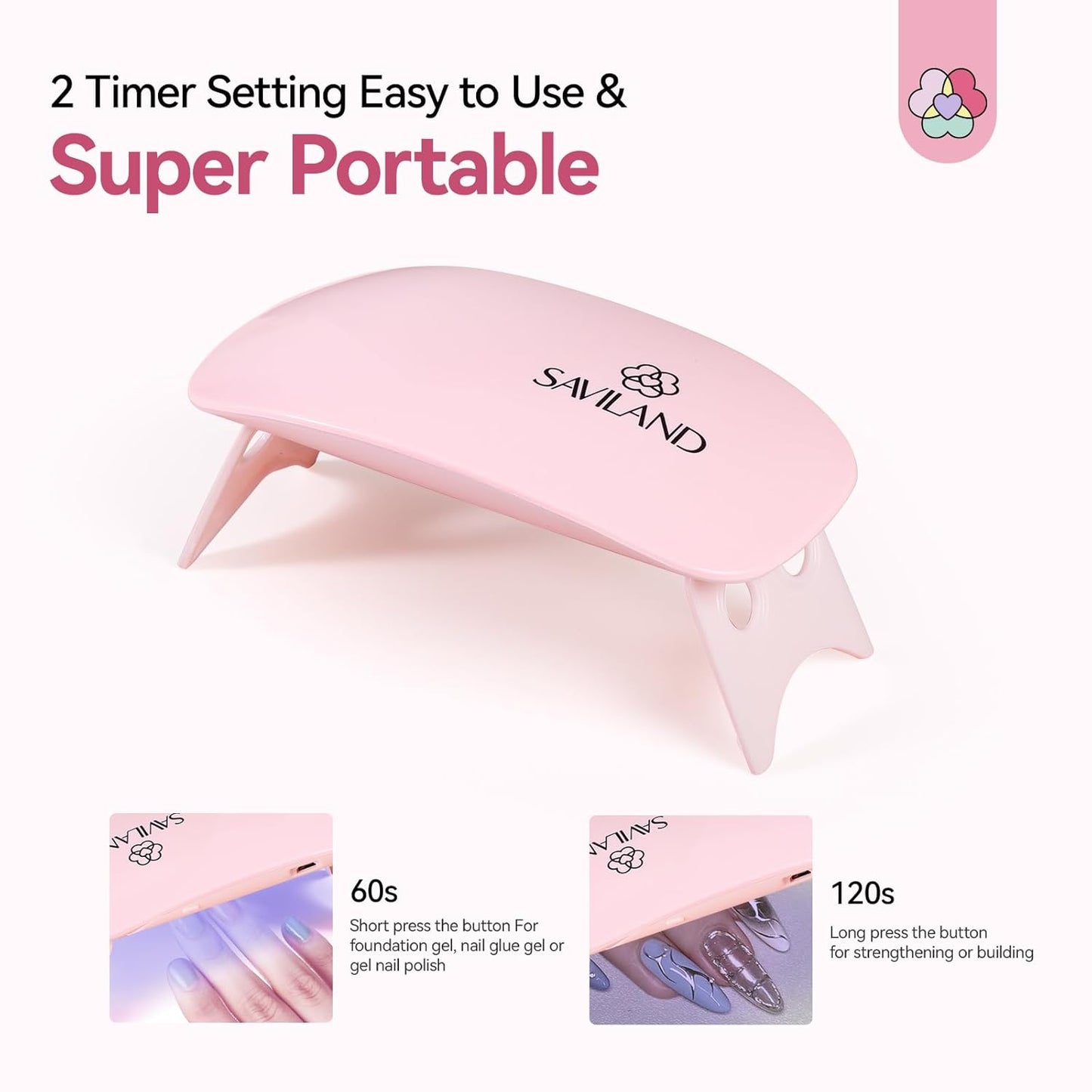 Saviland Mini Nail Lamp, Quick-Dry Gel Nail Lamp 16W, Portable U V Light for Easy and Fast Nail Extension, U V LED Curing Lamp for Manicure Starters DIY Nail Art
