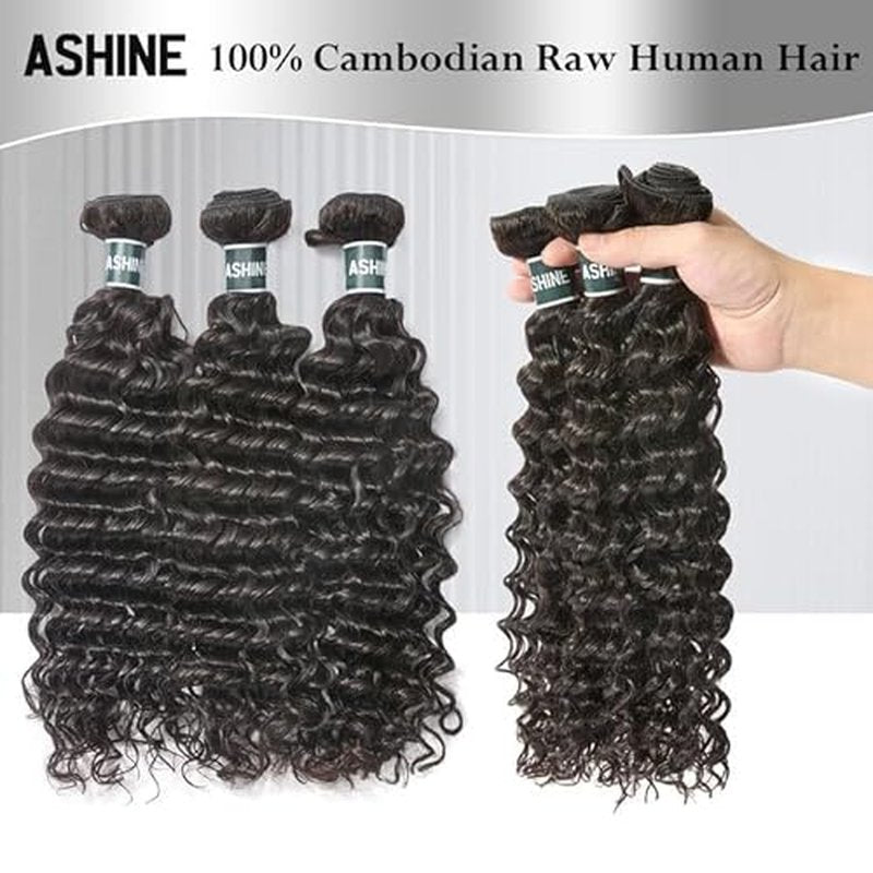 ASHINE Human Hair Bundle Deep Wave Unprocessed Cambodian Raw Hair 24 Inch, Flip Over Quick Weave Wet and Wave Bundles for Women Natural Black