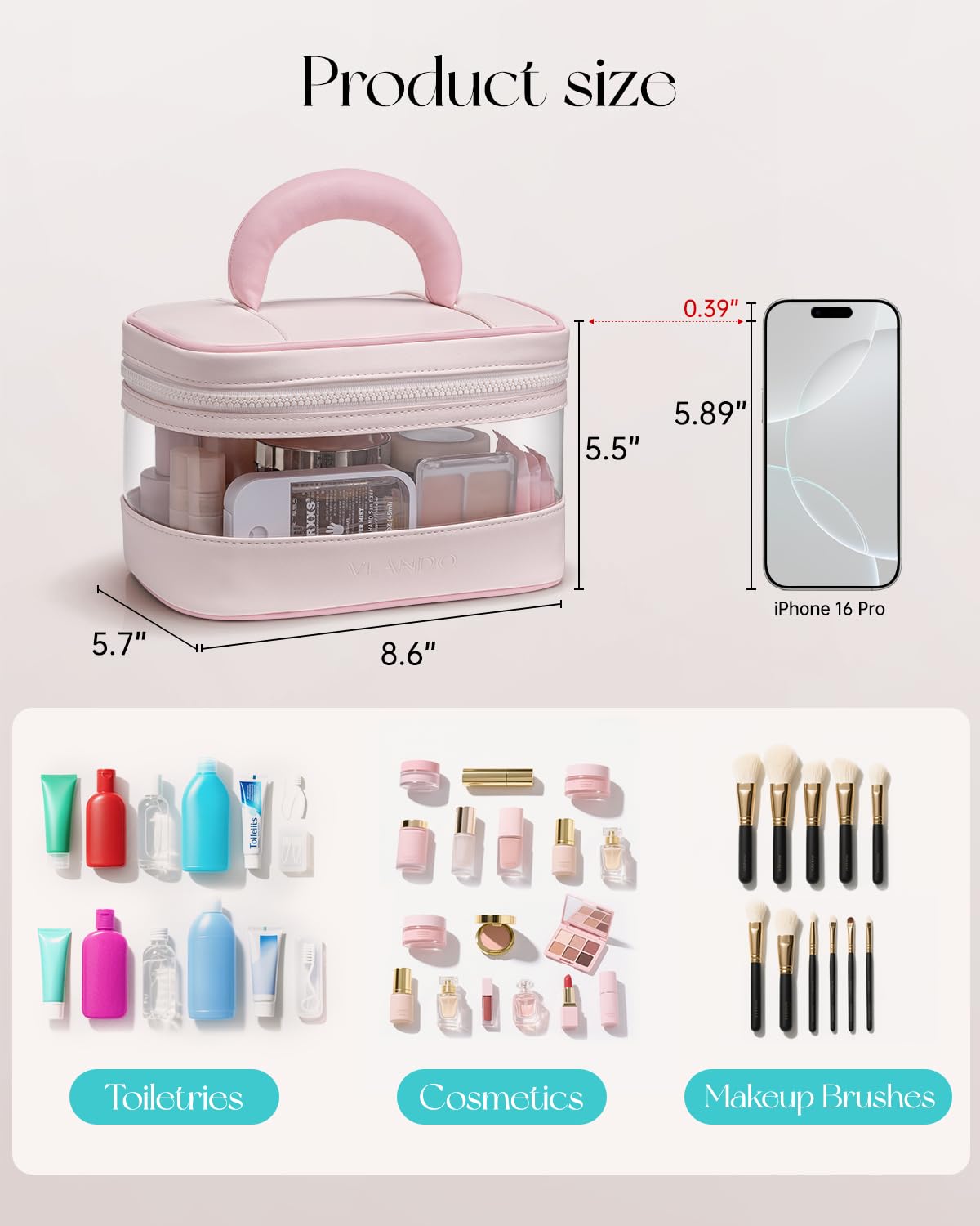 VLANDO Travel Makeup Bag, Large Travel Toiletry Bag for Women Girl, Waterproof Cute Cosmetic Bag with Handle, Clear Make up Bag for Cosmetic, Brushes, Skincare-Apricot Pink
