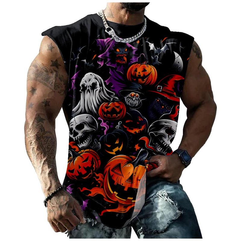 Graphic Tees Men Novelty Workout T Shirts Soft Collarless Loose Summer Tee Big Breathable Halloween Black,3XL