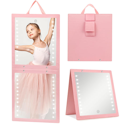 Fabuday Lighted Hanging Mirror for Dance Backstage - Rechargeable Folding LED Full Length Mirror with Lights for Dancers, Portable Foldable Travel Body Mirrors, Brightness Adjustable, Pink