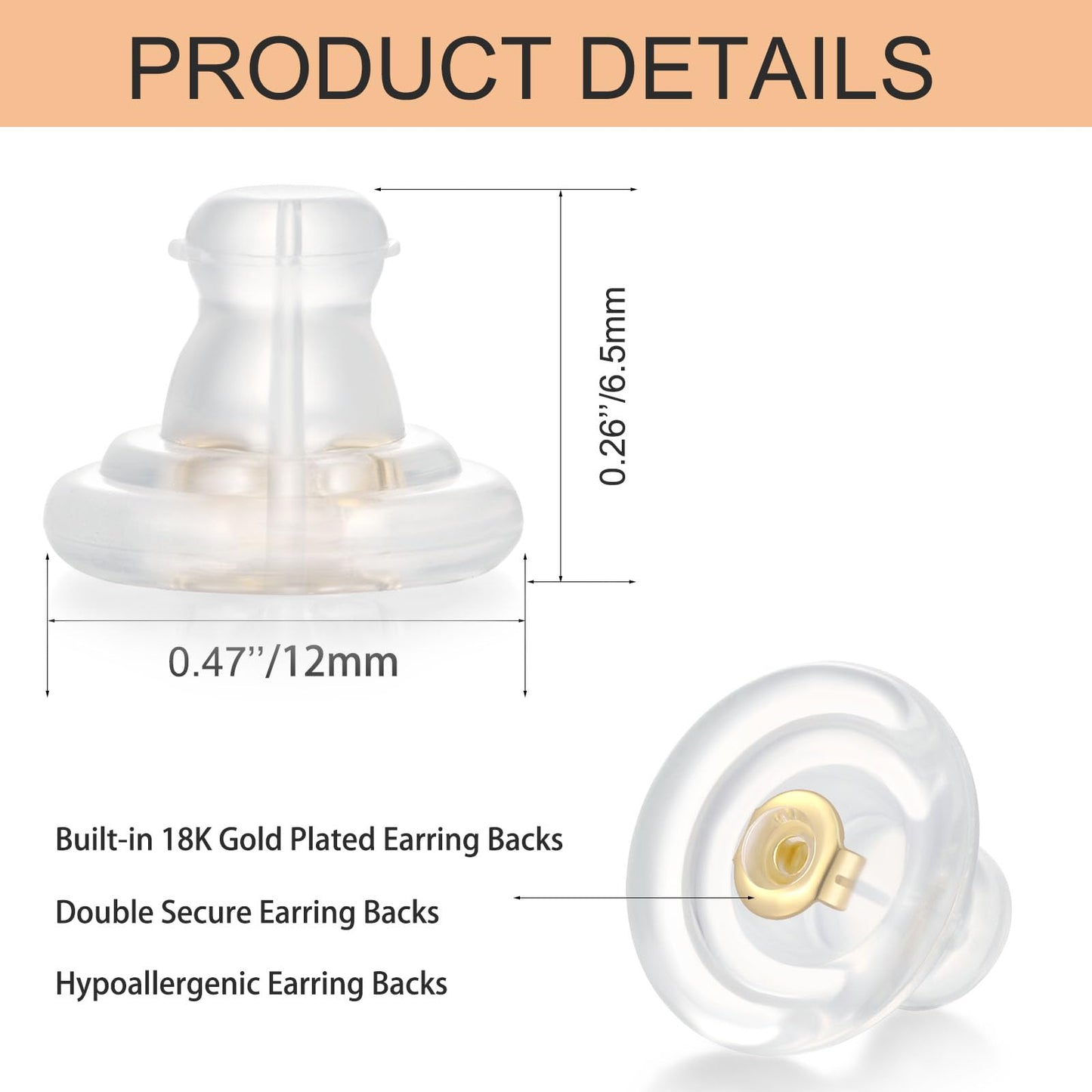 Earring Backs,18K Gold Silicone Earring Backs Replacements,6 Pcs Hypoallergenice Silicone Earring Backs for Studs/Droopy Ears(Gold)