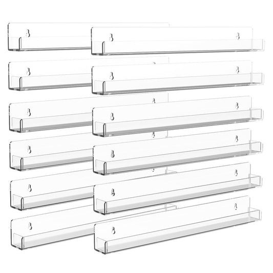 SOVQUEST Nail Polish Shelf Wall 15 Inch Acrylic Clear Rack Sunglass Organizer Multi-Purpose Floating Shelves for Beauty Salons Retailer Dressing Room (12 PCs)