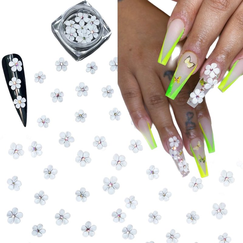 Set 30Pcs White 3D Flowers for Nails, Handmade 3D Acrylic Flowers for Nails, Flower Nail Charms Rhinestones Gems by Acrylic Powder Design Deco Nail Art Women Girls (White with Rhinestones-30Pcs)