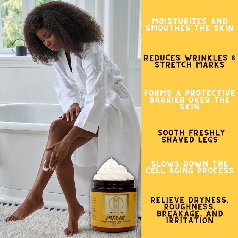 OMM Collection Natural Whipped Body Butter Soufflé For Dry & damaged Skin - Whipped Shea Butter with Vitamin E & A, coconut oil, Mango Butter & Cacao Butter - Hydrating & Moisturizing Shea - Vegan