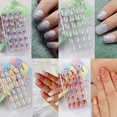120 Pieces Fake Nails for Girls Gradient Color Kid Nails Press on Pre-glue Children Artificial False Nails Short Oval Full Cover Acrylic Stick on Nail Tips Kit for Little Girl Toys (Gradient Glitter)