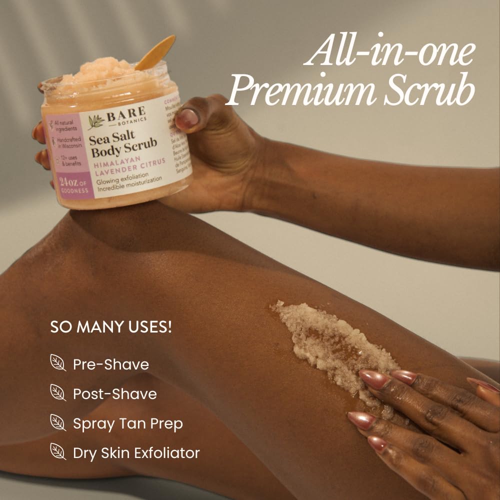 Bare Botanics 24oz Lavender Citrus Himalayan Sea Salt Body Scrub | Non-toxic, Vegan & Cruelty-free | Made in Madison, WI | Full Body Exfoliator & Hydrating Moisturizer with a Cute Wooden Spoon
