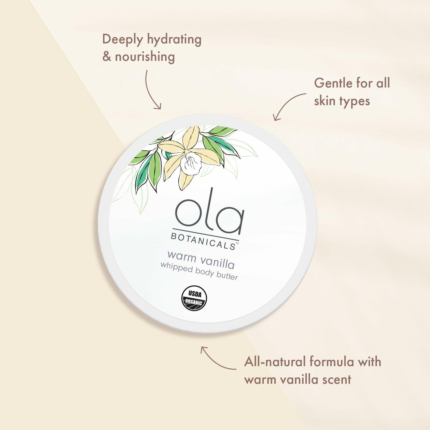 Ola Botanicals Whipped Body Butter (4oz) Vanilla, USDA Certified Organic, Cruelty Free, Gluten Free, Soy Free, Dr. Mercola