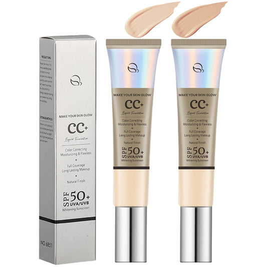 Color Correcting CC Cream, 2 Colors Natural & Ivory SPF 50 CC Cream Foundation Full-Coverage Concealer Invisible Pore Evens Skin Tone Hydrating Lightweight Long Lasting Waterproof 1.05 fl oz