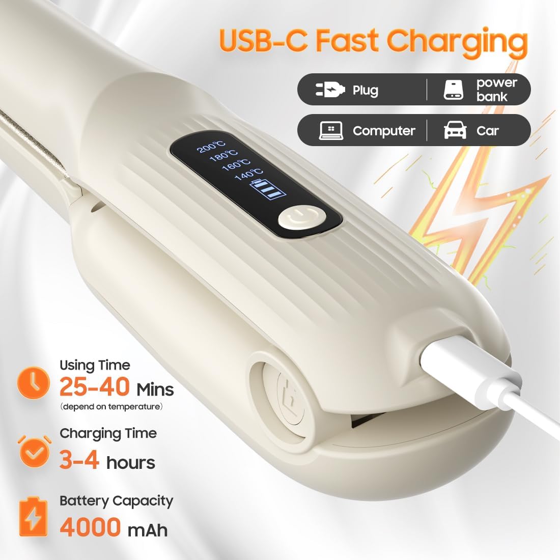 Cordless Hair Straightener - Portable 2-in-1 Flat Iron for Travel | Lightweight, Fast USB-C Charging, 4000 mAh Battery (White)