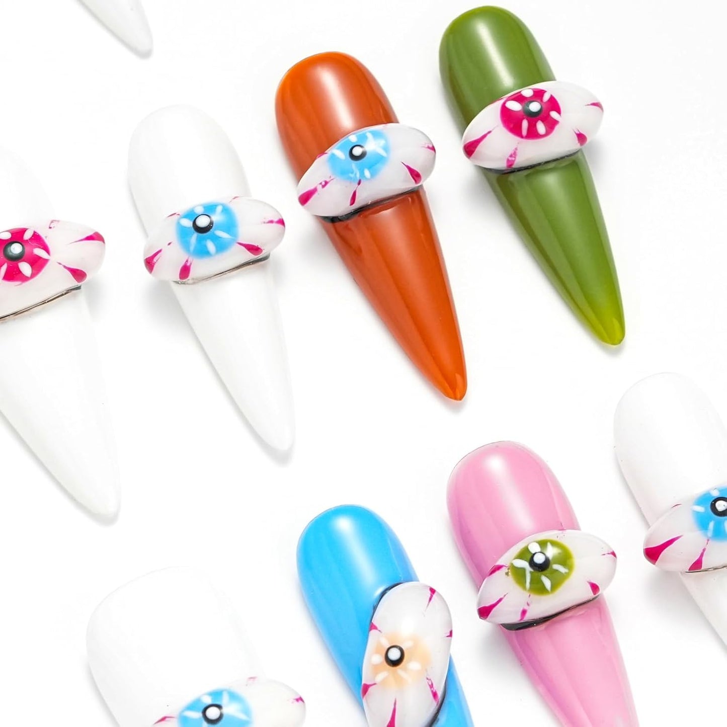 Colorful Handmade Devil Eyes Press-On Nails - Long Stiletto 3D False Nails for Women | 10 Pcs Set with Glue (White-S)