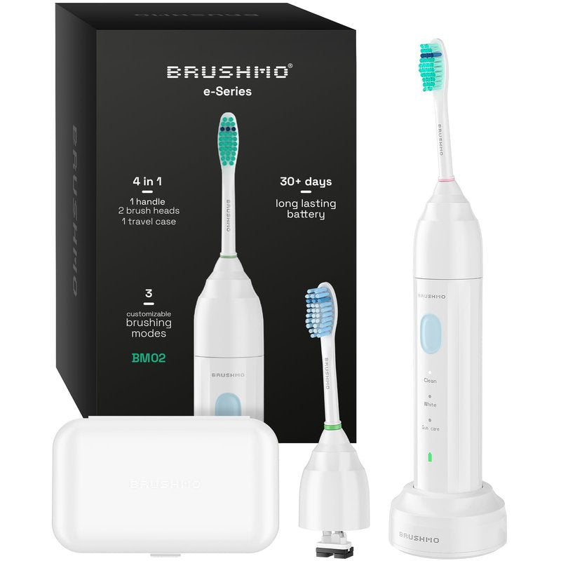 Brushmo E-Series Electric Sonic Toothbrush - Rechargeable Screw-On Electronic Tooth Brush for Adults with 3 Modes, Travel Case & Timer IPX7 Waterproof, 30 Days Lasting & Wireless Charging Base, White