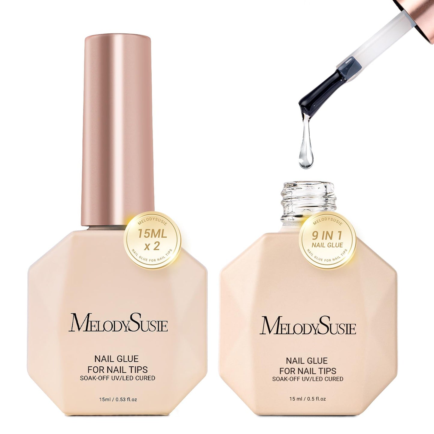 MelodySusie 9 in 1 No TPO Gel Nail Glue for False Nail Tips, 2Pcs*15ml Long Lasting UV Light Required,as Base Coat, Apex Building, Blooming & Rhinestone Gel, Stong Adhesion Manicure Kit Salon Home