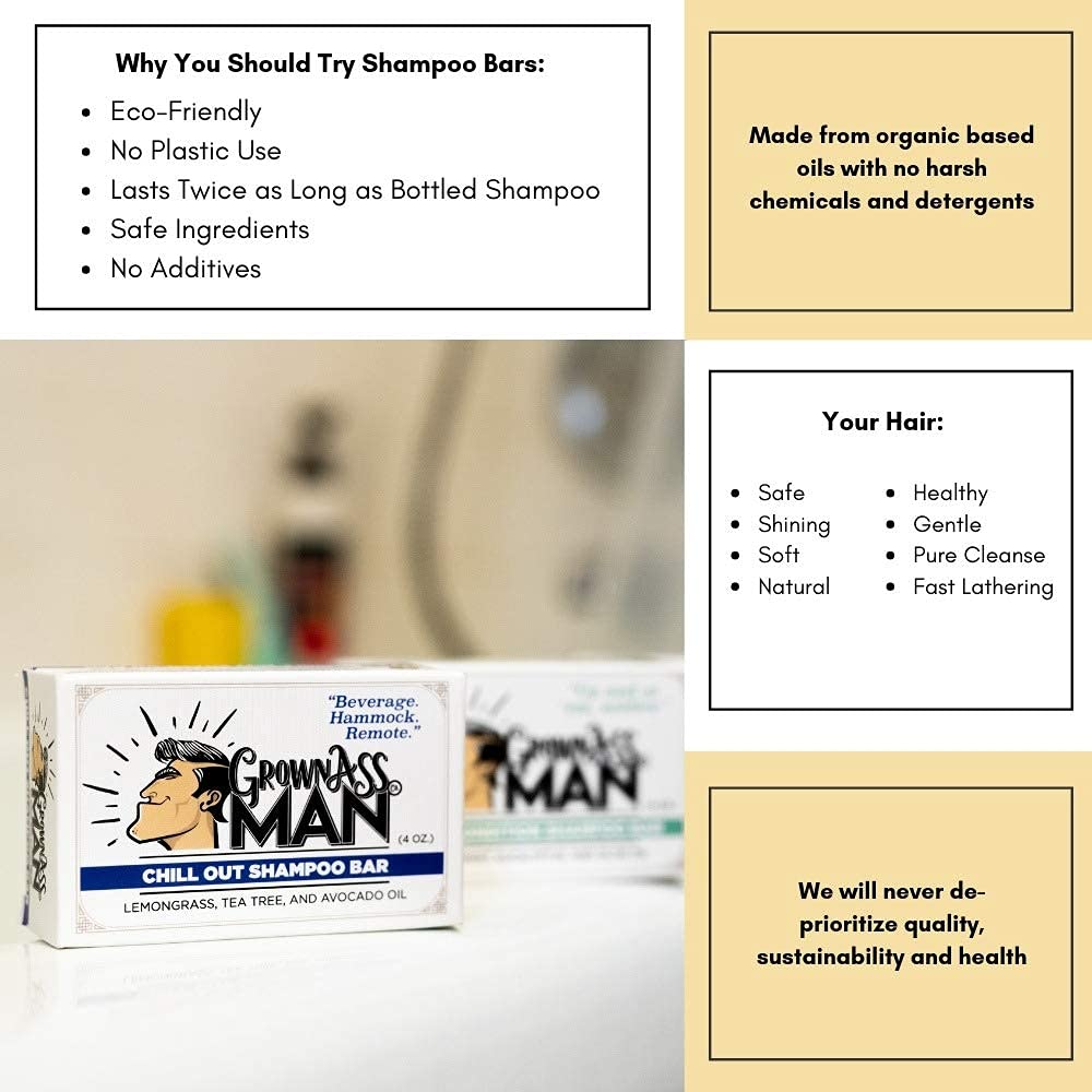 Grown Ass Man Co. - Solid Shampoo Bar Rich Lather 3 in 1: Hair, Beard & Body Wash - Plastic Free & Eco-Friendly, Natural & Organic Clean for All Hair Types, 4oz Bar (Variety, 3-Pack)