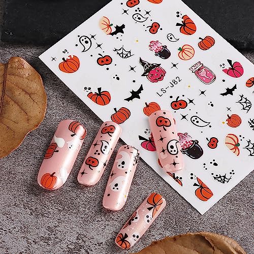 Halloween Nail Art Stickers Cute Ghost Pumpkin 3D Self-Adhesive Nail Decals Bat Cat Skull Designs Nail Decorations Halloween DIY Manicure Supplies for Women Girls&Kids 6Pcs