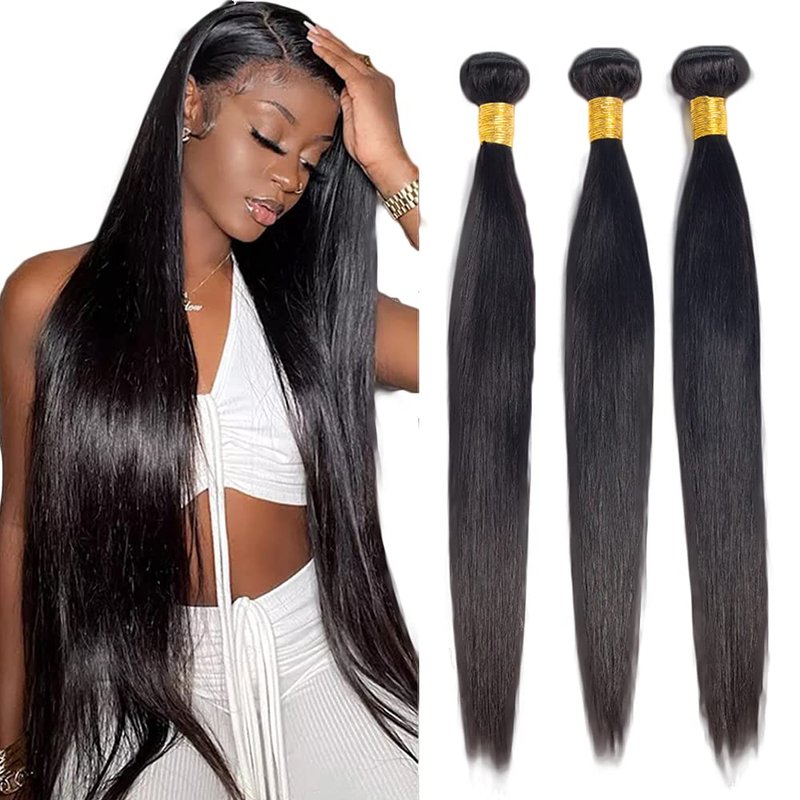 Human Hair Bundles Straight Bundles 18 20 22 Inch Straight Human Hair Extensions Double Weft Unprocessed Brazilian Virgin Hair #1B Natural Color 3 Bundle 50 Grams Per Bundle