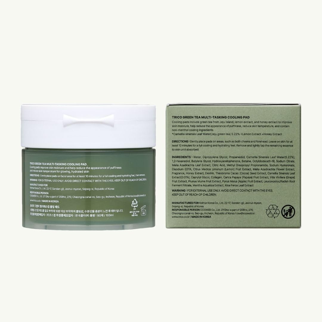 TRICO Green Tea Multi-Tasking Cooling Pad, 3-1 Korean Toner Pads with Depuffing, Cooling & Moisturizing Effects for All Skin Types - Green Tea Water from Jeju Island, Lemon & Honey Extract - 90 Pads