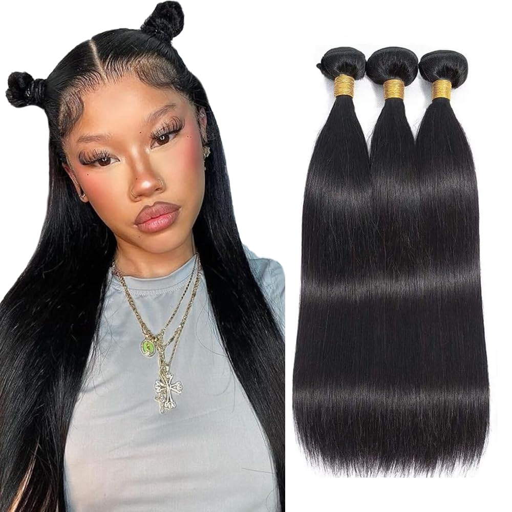 Natural Black Straight Bundles Human Hair Unprocessed Virgin 3 Bundles 16 18 20 Inch Straight Bundle Human Hair Extensions 50 Gram Per Bundle