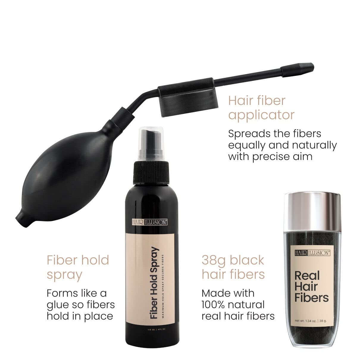 Hair Illusion Combo Kit - Hold Spray, 38g Hair Fiber Bottle, Applicator & Hairline Optimizer (Jet Black)