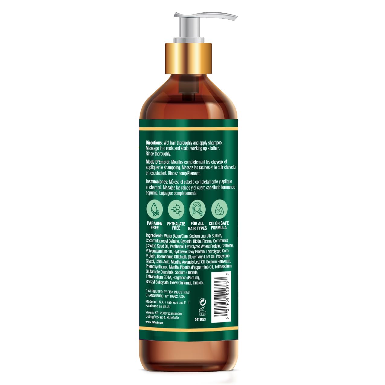 Difeel Rosemary Mint Strengthening Shampoo with Biotin 33.8 oz. - Made with Natural Rosemary Oil for Hair Growth