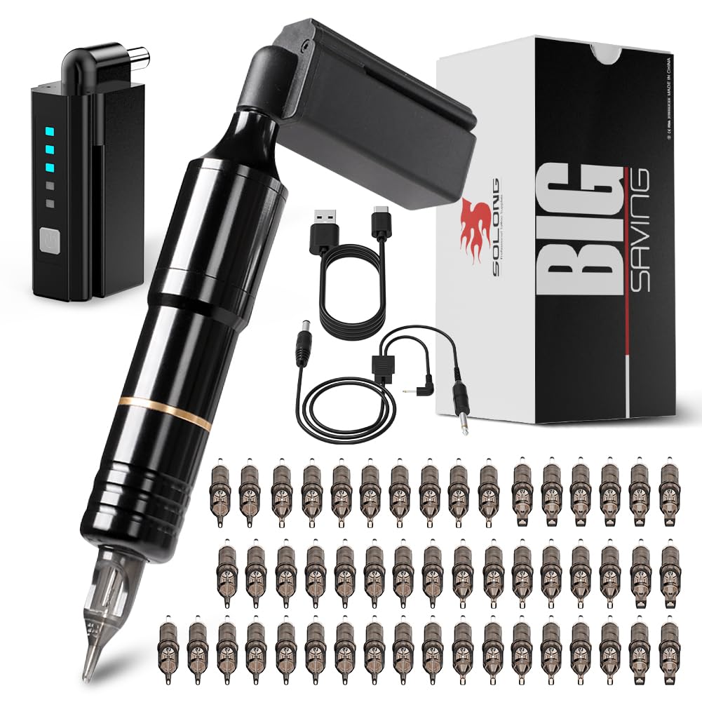 Solong Tattoo Pen Kit Rotary Tattoo Gun Machine with Wireless Tattoo Power Supply 50Pcs Cartridge Tattoo Needles EM128KITPRD50-1-US