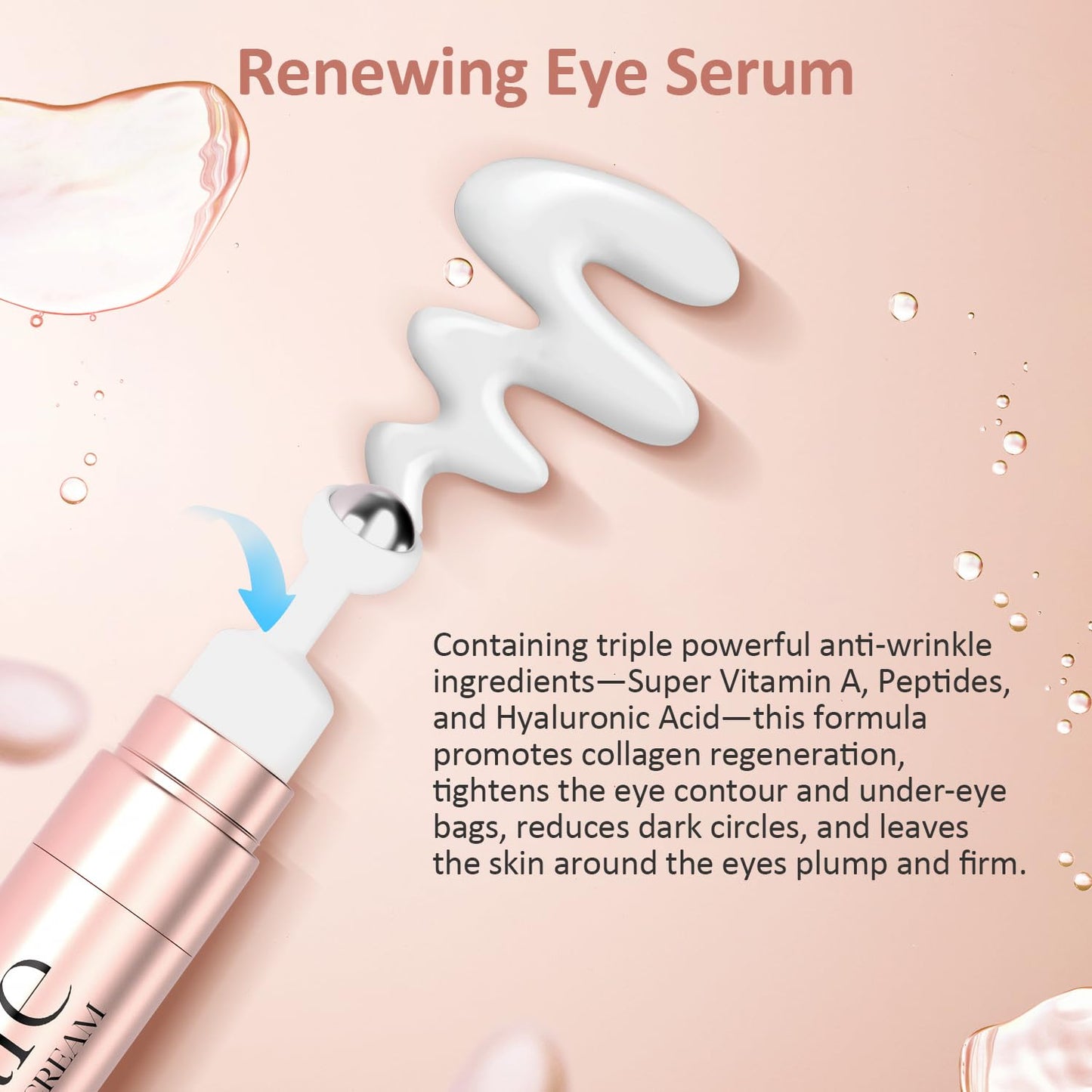Eye Cream Anti Aging Under Eyes Cream Dark Circles with Super Vitamin A, Peptides & Hyaluronic Acid, Eye Serum With 360° Roller Massage Ball for Puffiness and Bags 0.5 oz