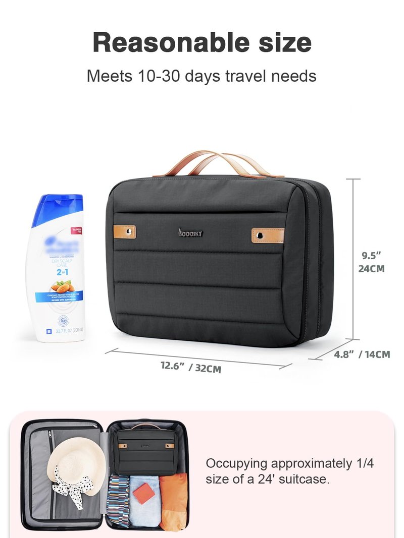 COOSKY Women's Hanging Toiletry Bag, Waterproof Travel Cosmetic Organizer with Jewelry Storage, Large Capacity Makeup Case for Full-Size Skincare & Bathroom Essentials, Portable Cosmetic kit, Black