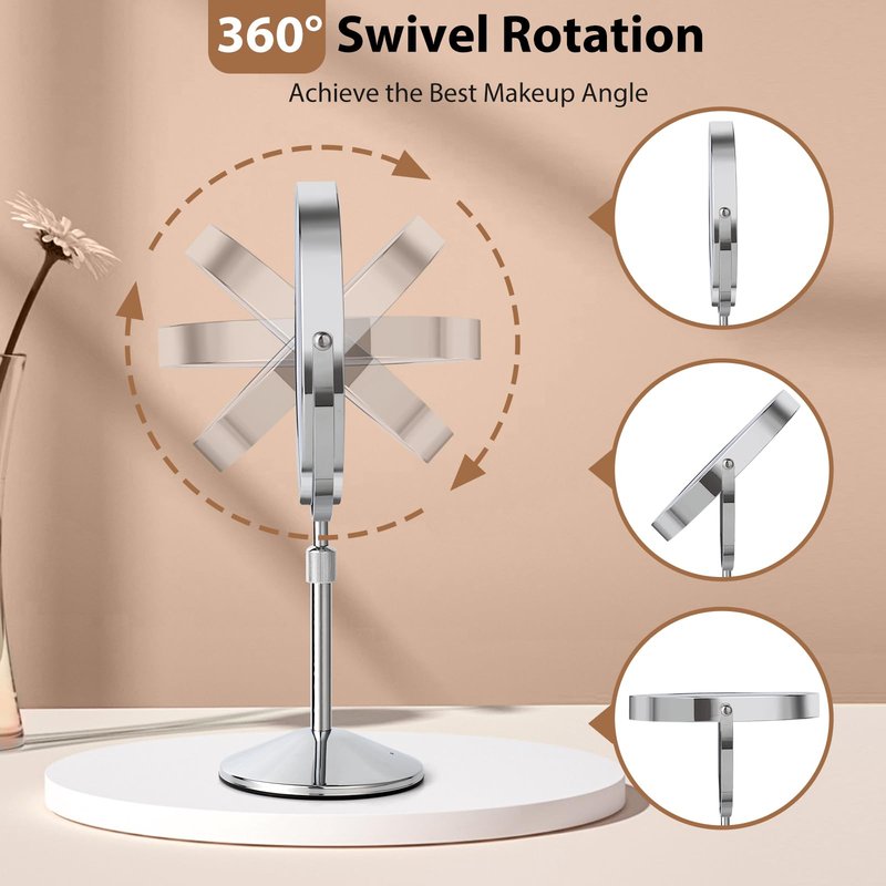 FFowcye 8" Lighted Makeup Mirror with Adjustable Height, 1X/10X Magnification, Rechargeable LED Vanity Mirror with 3 Color Modes, 360° Rotating Touch Screen, Magnifying Tabletop Cosmetic Mirror
