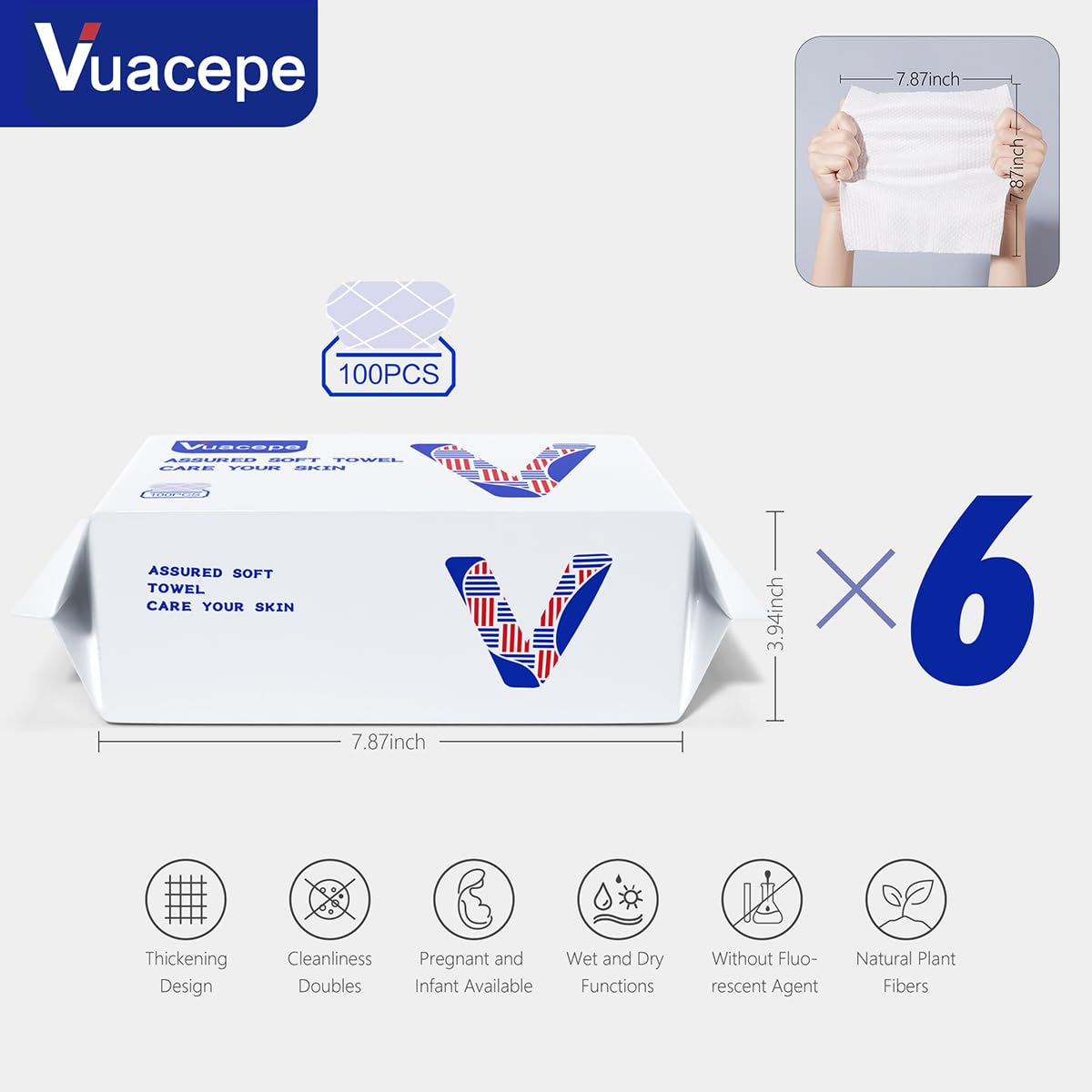 vuacepe Disposable Cotton Facial Towels, 600 Count Biodegradable Soft Dry Facial Tissue, Face Drying Towels for Skin Care, Makeup Remover, Disposable Face Cloths