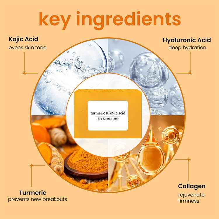 Turmeric Kojic Acid Soap Bar for Dark Spots Reduce, Deeply Cleaning Face & Body with Hyaluronic Acid, Collagen - Nourishing & Deep Hydration, Vitamin E for Glowing Skin (3)