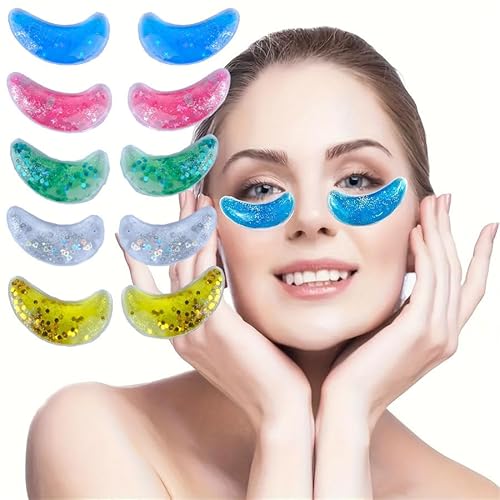 Reusable Hot and Cold Gel Eye Patches for Puffy Eyes, Multi-Color Glitter, Cooling Therapy Eye Mask, 5 Pairs (Star Model)