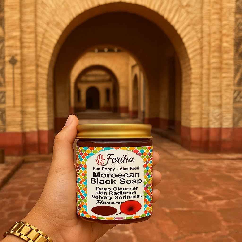 FERIHA Moroccan Black Soap with Aker Fassi – Red Poppy Petals & Pomegranate Shell – 100% Natural Artisan Beldi Hammam Soap for Radiance, Skin Firming & Deep Cleansing – Sourced & Crafted in Morocco