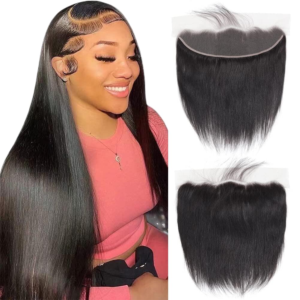 QTHAIR Straight HD Lace Frontal Human Hair 18A Brazilian Straight Human Hair Ear to Ear 13x4 Swiss Lace Frontal(14",Natural Color) Pre Plucked Natural Hairline with Baby Hair