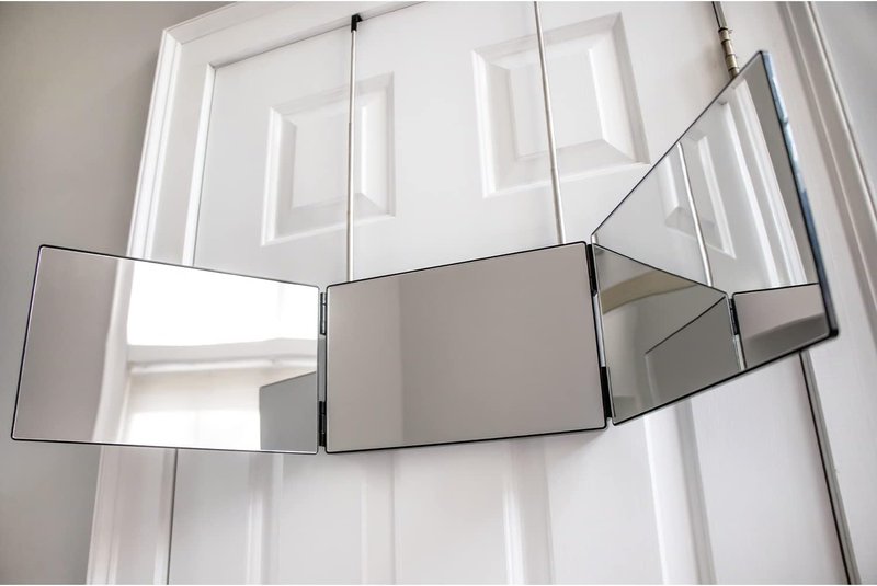 Self-Cut System 3-Way Mirror - Portable Trifold Hair Cutting Mirror | Impact-Resistant Glass, Fits Standard Door, 10.8” L x 1.3” W, Black