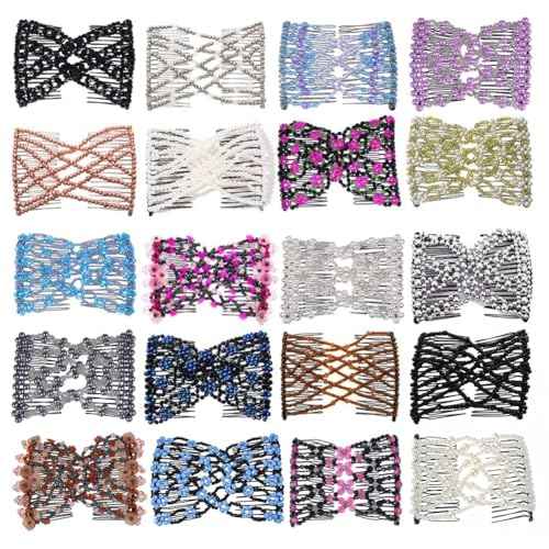 Ruihfas 12 PCS Magic Hair Side Combs Beaded Stretch Double Hair Side Combs Clips Bun Maker Hair Pins Hair Accessories for Women Curly Thick Wavy Hair Ponytail (Random Styles and Colors)