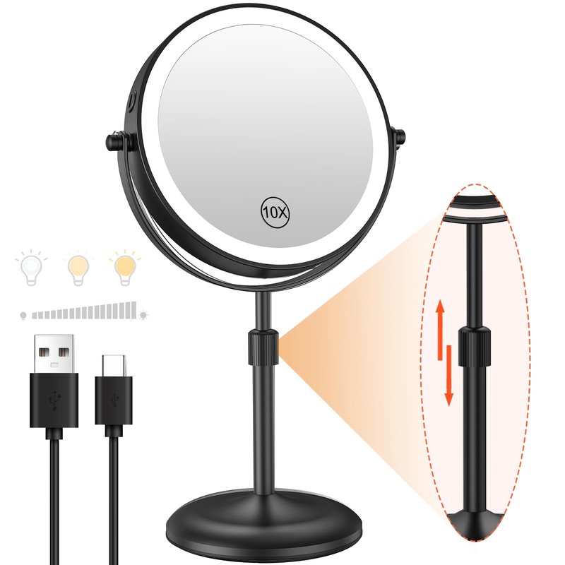 Benbilry 7" Lighted Makeup Mirror with 10X Magnification & 3 Color Lights, Adjustable Brightness & Height, 360° Swivel Rechargeable LED Magnifying Make Up Vanity Mirror with Lighting (Black)