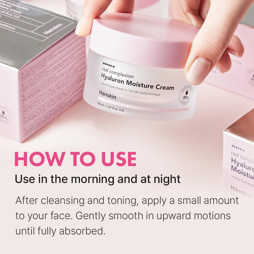 Hanskin Real Complexion Hyaluronic Moisture Cream,Hyaluronic Acid Moisturizer with Niacinamide Vitamin E Moisturizing Lotion for Sensitive and Dry Skin Korean Skincare 1.69 fl.oz.