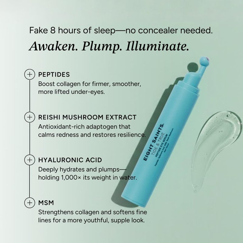 Eight Saints Tide & True Peptide Eye Serum for Puffiness & Wrinkles, Under Eye Roller Ball Treatment for Dark Circles & Fine Lines, with Peptides, Hyaluronic Acid, and Reishi Mushroom, 0.5 fl oz