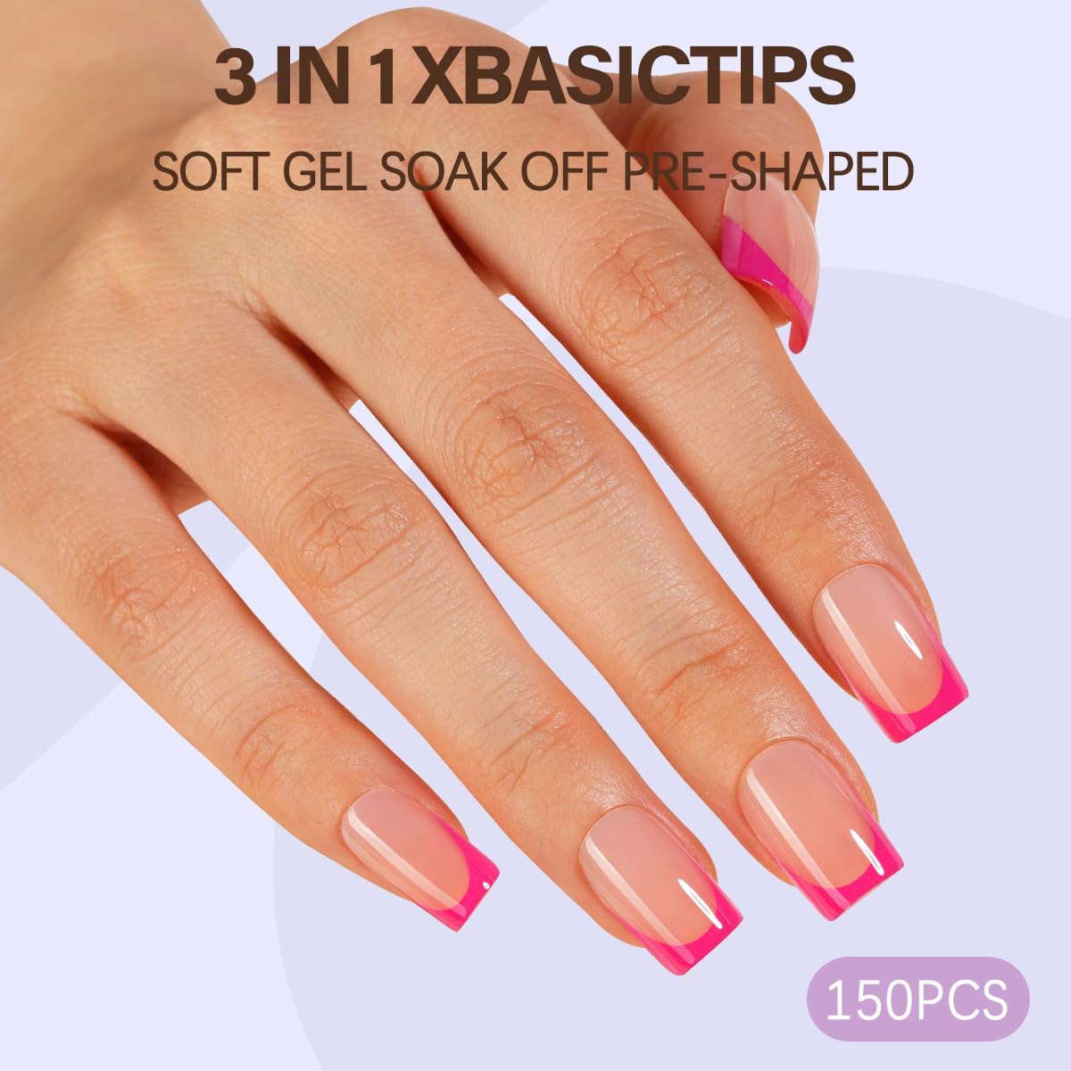 Misssix XBASICTIPS French Tip Press On Nails, 150Pcs Pink Press On Nails Short Square, French Soft Gel Nail Tips, Pre-shaped No Need to File 3 in 1 Tips, Fake Nails for Nail Art DIY Designs 15 Sizes