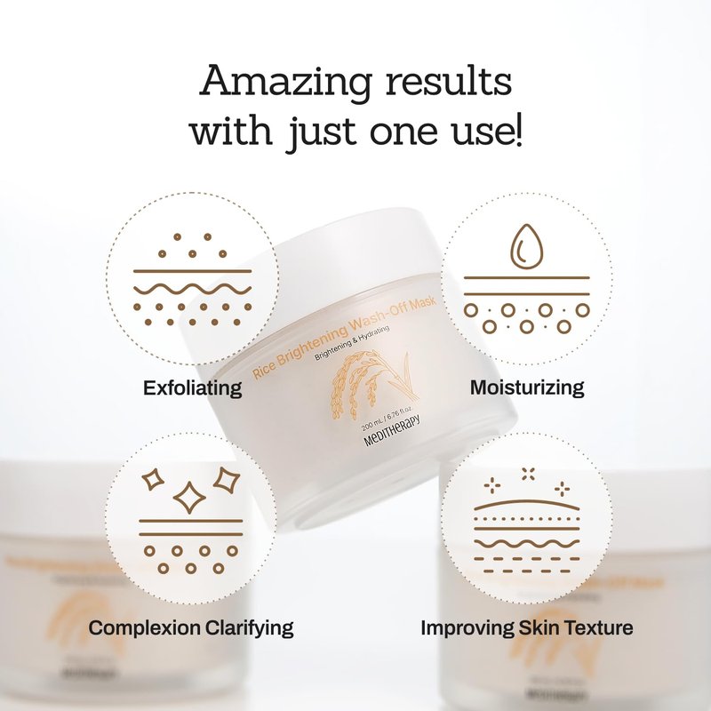 MEDITHERAPY Rice Wash-Off Mask - Korean Glass Skin Face Mask Skincare - Hydrating Rice Clay Mask - Natural Exfoliants Gently Improve Skin Texture, Even Skin Tone, and Restore Radiant Glow, 6.76 fl.