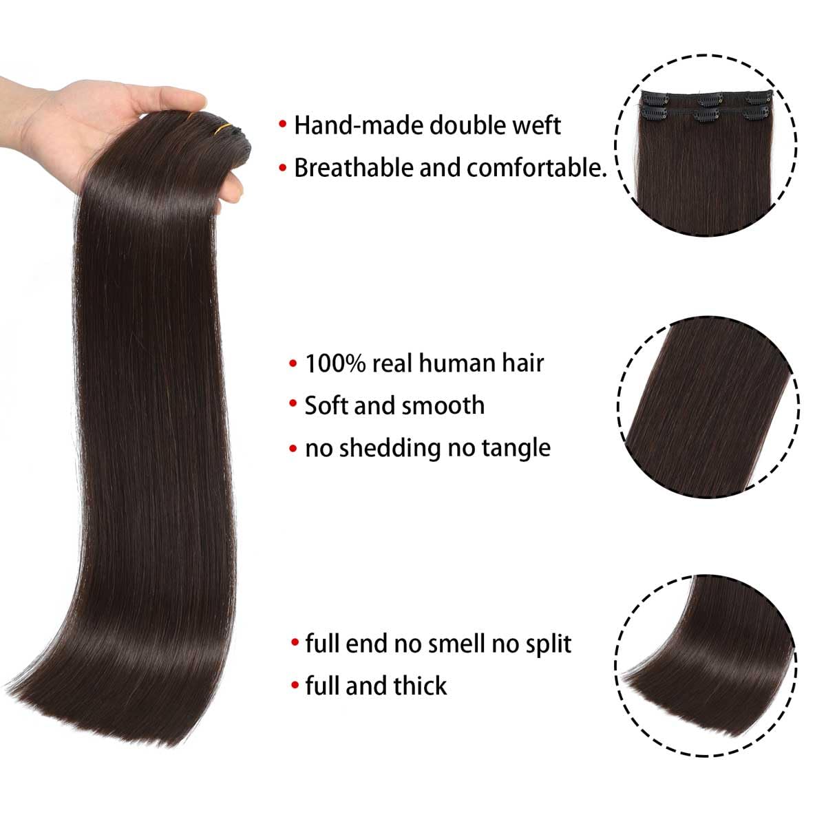 Clip in Hair Extensions Real Human Hair Straight 7pcs 110g Clip ins Hair Extensions Brazilian Remy Human Hair 16 Clips Double Weft Human Hair For Women (14 Inch, #2 Dark Brown)