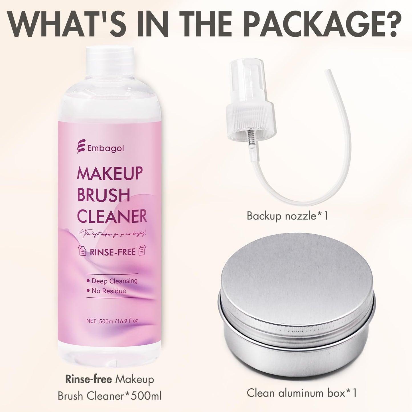 Embagol Makeup Brush Cleaner, Easily Remove Stubborn Makeup, Dirt & Impurities from Makeup Brushes, Rinse-Free & Quick Drying & Vegan & Cruelty-Free(500ml/16.9 fl oz)