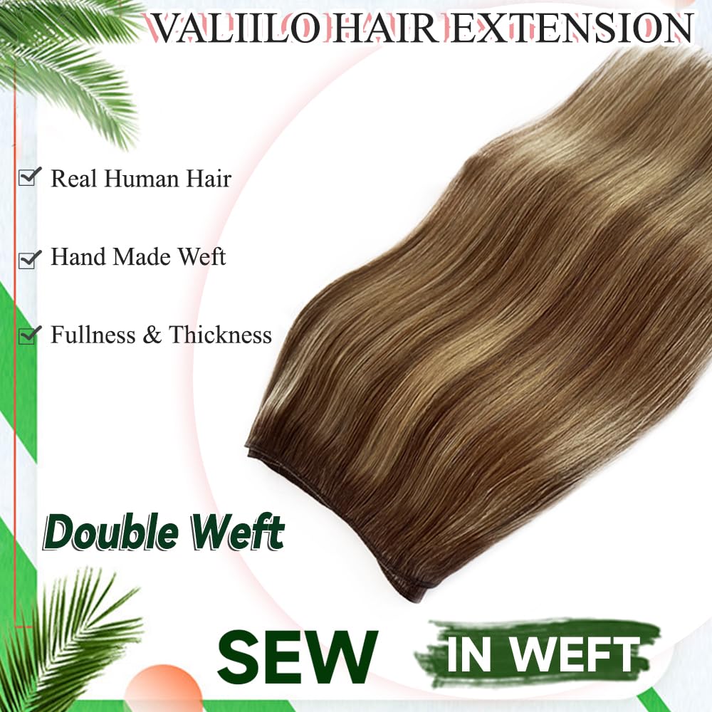 Balayage Highlights Hair Extensions Real Human Hair Sew in Double Weft Weave Bundles Hair Extension Ombre Chestnut Brown to Ash Blonde 14 Inch 80G