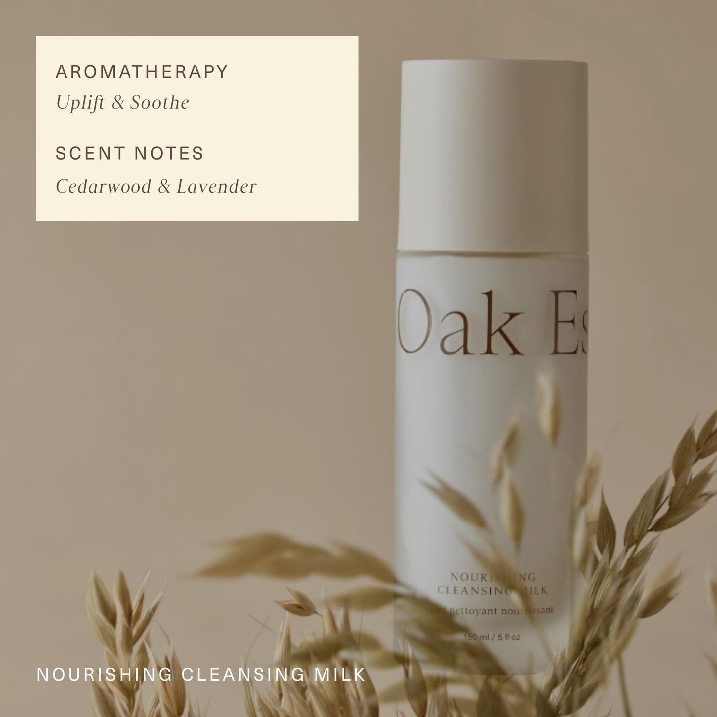 Oak Essentials Nourishing Cleansing Milk, Gentle Hydrating Face Cleanser with Oat Amino Acids, Rice Bran and Rosemary Extract, Removes Makeup and Sunscreen, 5 Fl Oz
