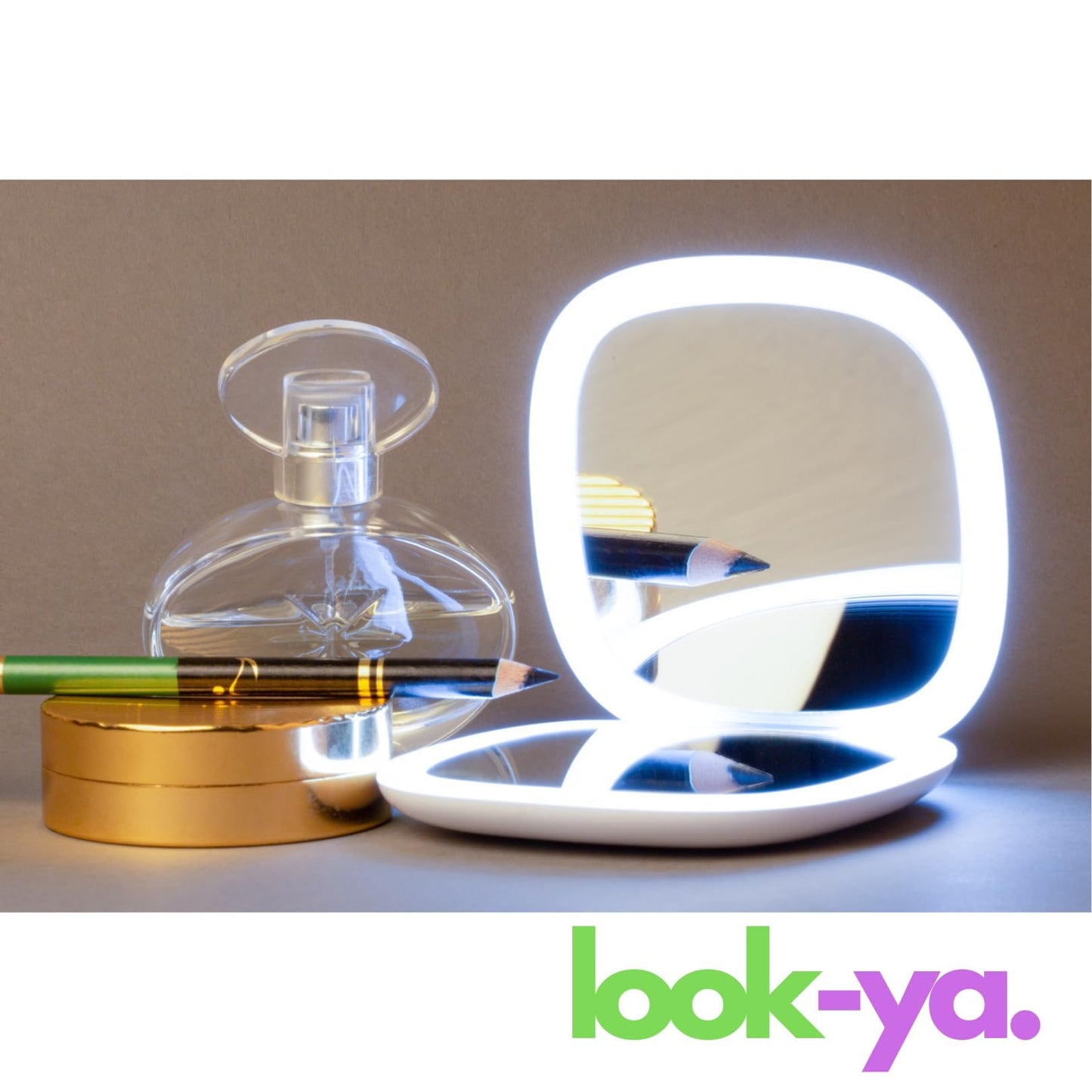 look-ya Compact LED Magnifying Travel Makeup-Mirror - 4 inches 1X/10X Magnification Small Hand Pocket Dimmable Double Sided USB Rechargeable Touch Screen, Portable Tabletop Cosmetic