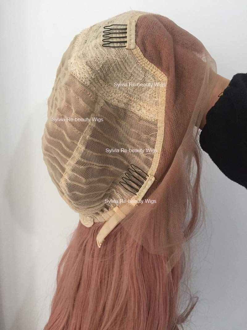 sylvia Peach Pink Lace Front Wigs Long Curly Wave Layered Dusty Pink Heat Safe Synthetic Hair Lace Front Wigs Decent Parting Space Transparent Lace for White Pale Scalp for Drag Queen…